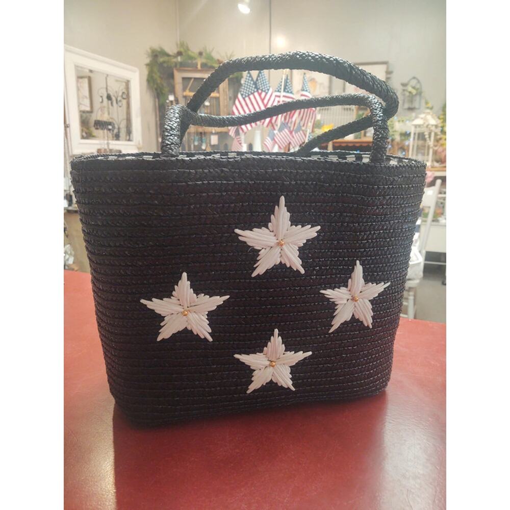 Worthington Black Rafia Tote with white stars and pinstripe interier